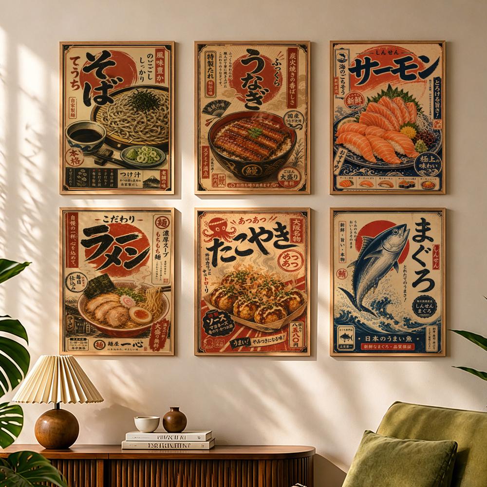 Interior Design Japan - Vintage japanische Fisch-Sushi-Lamian-Nudel-Kalligrafie-Leinwandposter für Schlafzimmer, Wohnzimmer,